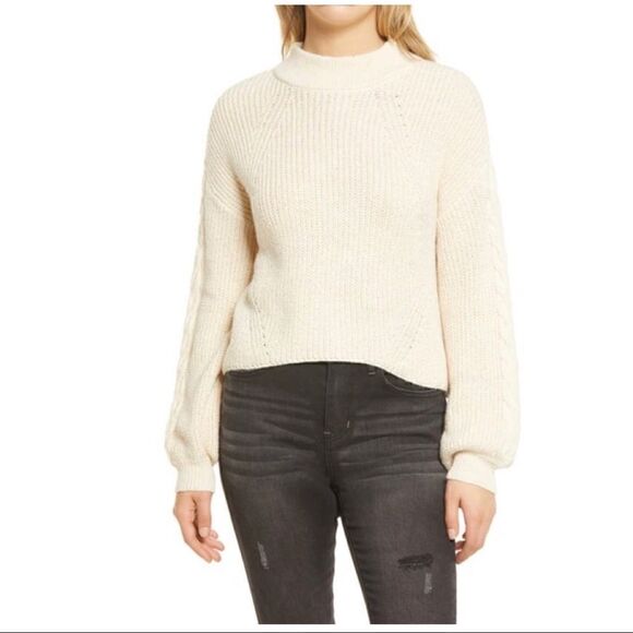 BP Cable Knit Balloon Sleeve Sweater In Beige Oatmeal Light Heather - Picture 1 of 9